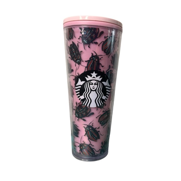 Starbucks Beetle Tumbler Bug Roach Pink Drink Coffee Cup Black Lid No Straw - Picture 1 of 9